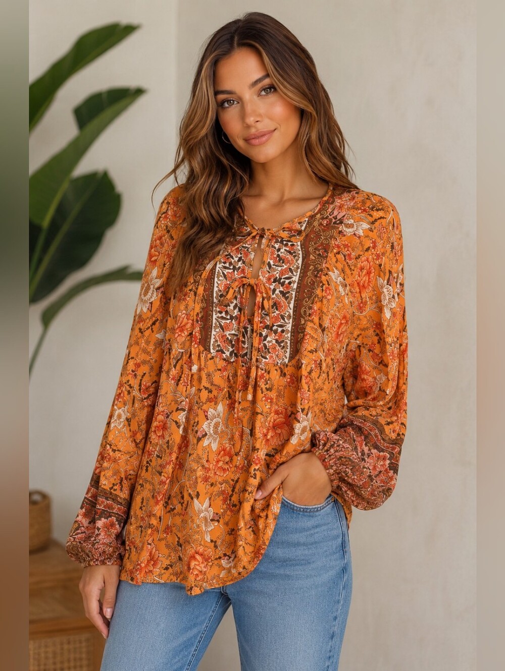 Miss Sparkling Boho Floral Peasant Blouse Size Medium Orange Long Sleeve